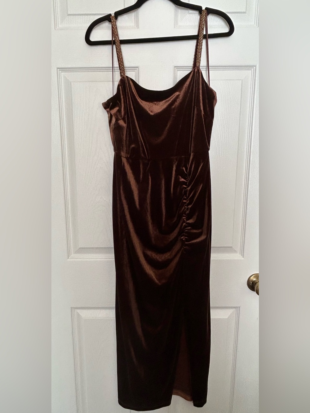 Taylor Brown Velvet Midi Dress with Embellished Straps
